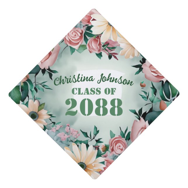 Pretty Flowers Pastel Floral Wreath Roses Daisies Graduation Cap Topper (Front)