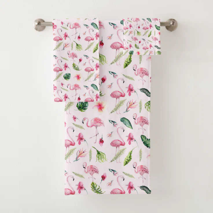 Pretty Flowers & Pink Flamingo Bath Towel Set Zazzle