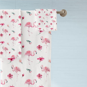 Pretty in Pink Flamingo Bath Towel Set Towel Color is White 