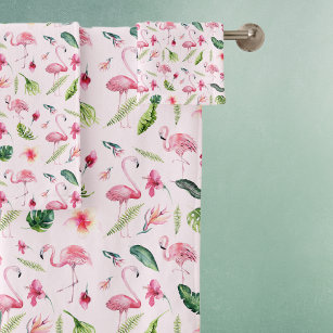 Pretty in Pink Flamingo Bath Towel Set Towel Color is White 