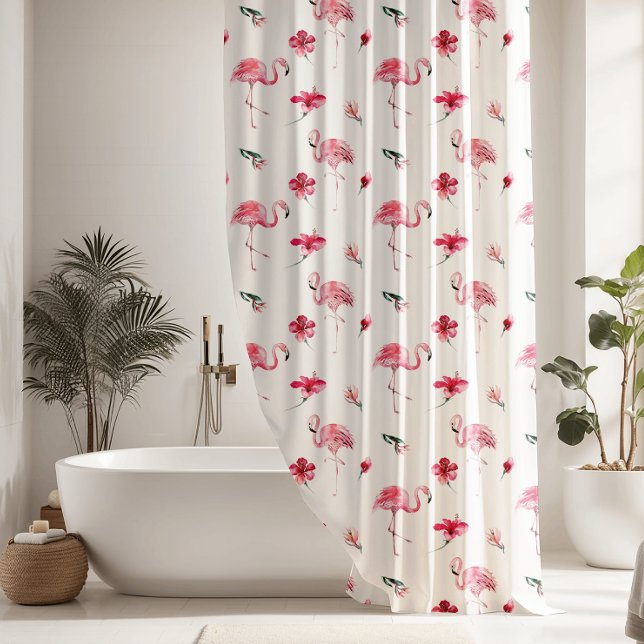 Pretty Flowers & Pink Flamingo Shower Curtain (Creator Uploaded)