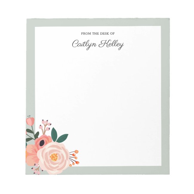 Pretty Flowers Sage From the Desk of Personalized Notepad