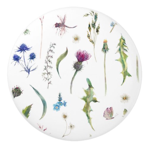 Pretty Flowers Thistle Dragonfly Design Ceramic Knob
