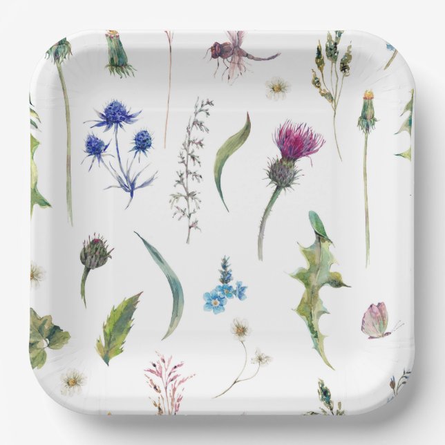 Pretty Flowers Thistle Dragonfly Design Paper Plates (Front)