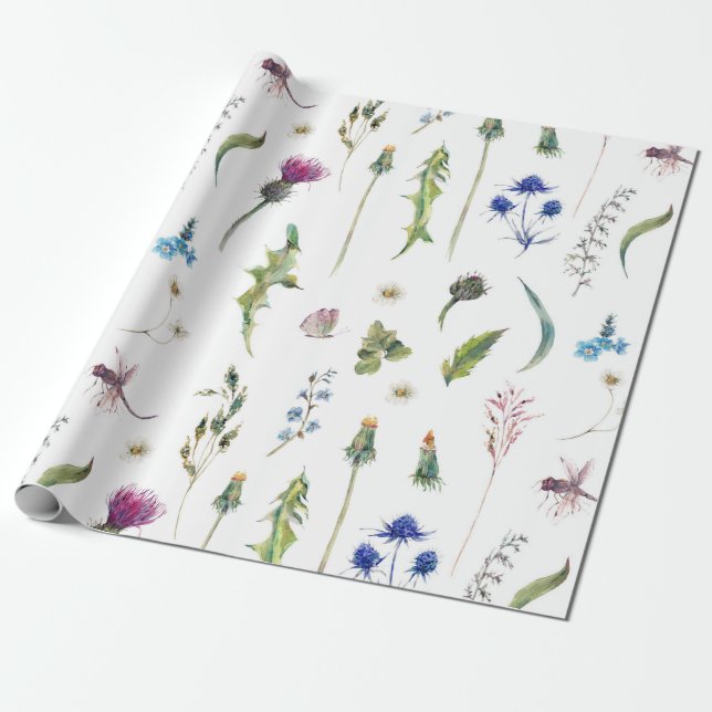 Pretty Flowers Thistle Dragonfly Design Wrapping Paper (Unrolled)