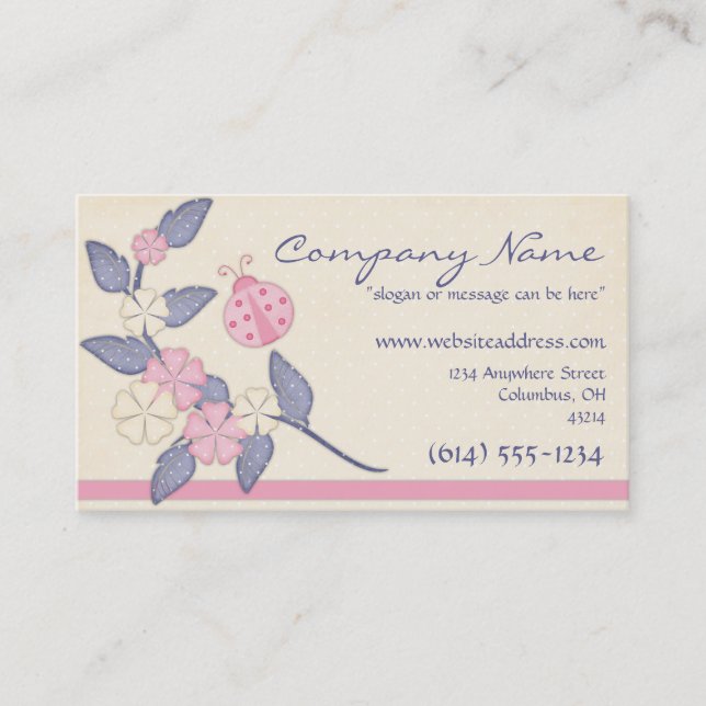 Pretty Flowers with Pink Ladybug Business Card (Front)