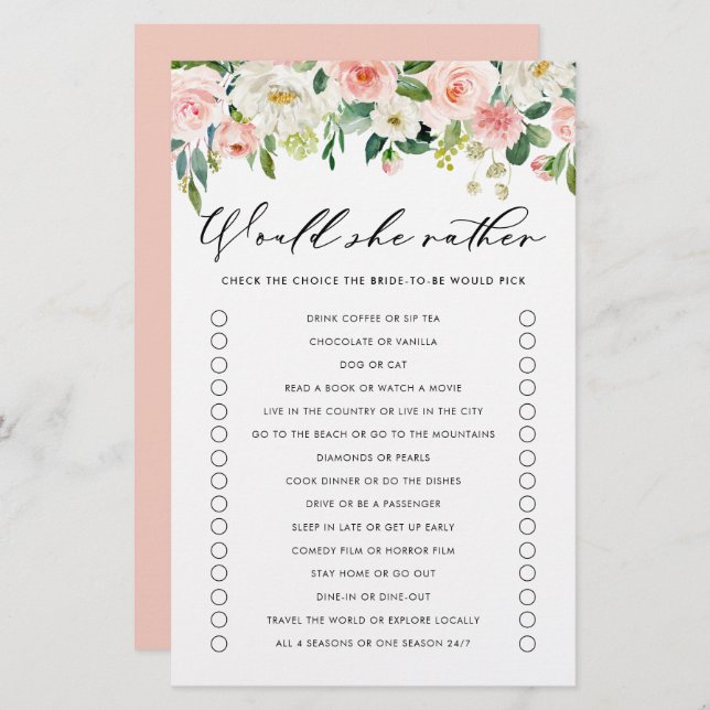 Pretty Flowers Would She Rather Bridal Shower Game (Front/Back)
