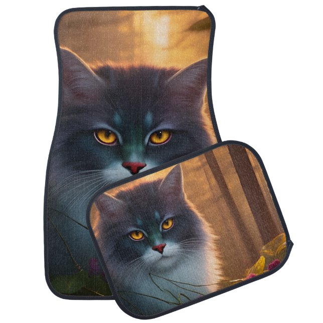 Pretty Fluffy gray and white Cat  Car Floor Mat (Set)