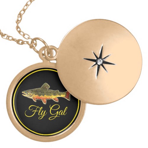 Pretty Fly Fishing Woman FLY GAL Brook Trout Gold Plated Necklace
