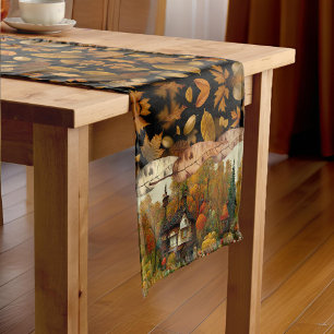 Pretty Foliage Watercolor Autumn Cottage Trees Short Table Runner