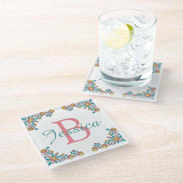 Pretty Folk Art Floral Frame Monogram Glass Coaster (Angled)