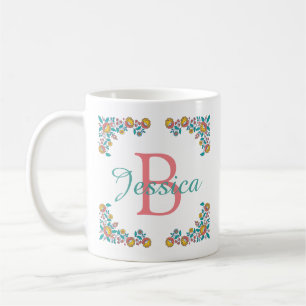 Pretty Folk Art Floral Frame Monogram Name Coffee Mug