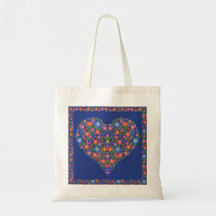 Pretty Folk Art Floral Heart, Royal Blue Tote Bag