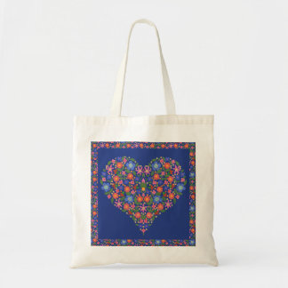 Pretty Folk Art Floral Heart, Royal Blue Tote Bag