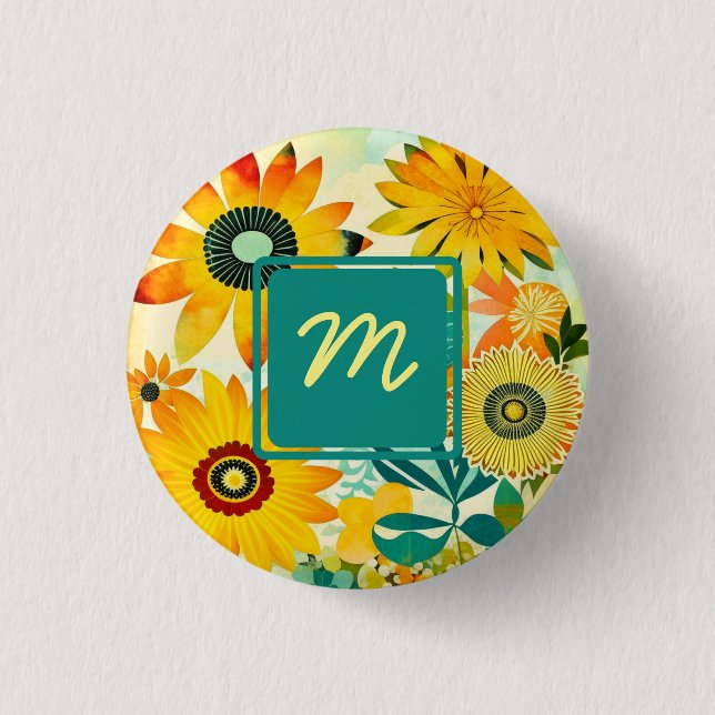 Pretty Folk Art Flowers Monogrammed Button (Front)