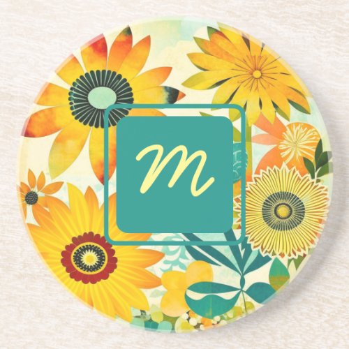 Pretty Folk Art Flowers Monogrammed Coaster