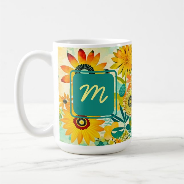 Pretty Folk Art Flowers Monogrammed Coffee Mug (Left)