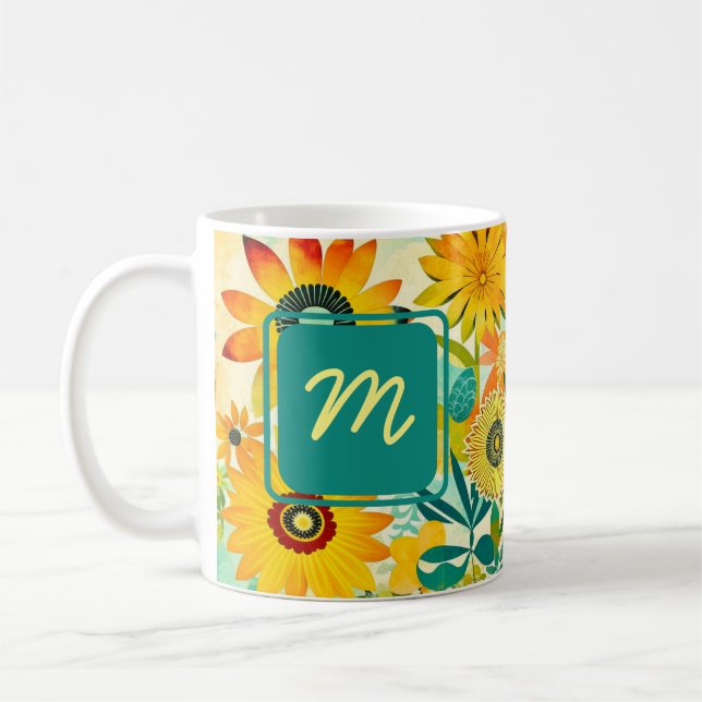 Pretty Folk Art Flowers Monogrammed Coffee Mug (Left)