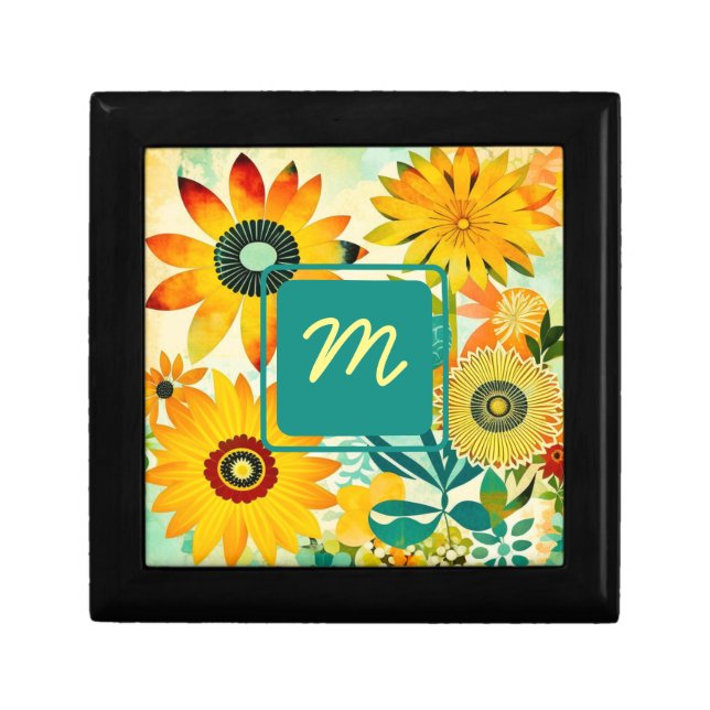 Pretty Folk Art Flowers Monogrammed Gift Box (Front)