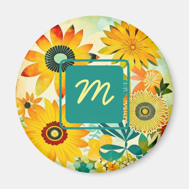 Pretty Folk Art Flowers Monogrammed Magnet (Front)