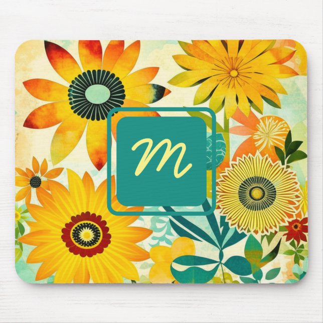Pretty Folk Art Flowers Monogrammed Mouse Pad (Front)