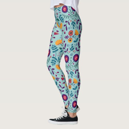 Pretty Folk Art Flowers Pattern Leggings