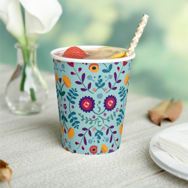 Pretty Folk Art Flowers Pattern Paper Cups (Insitu)