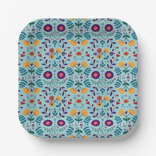 Pretty Folk Art Flowers Pattern Paper Plates (Front)