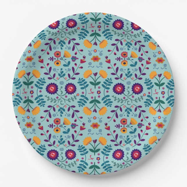 Pretty Folk Art Flowers Pattern Paper Plates (Front)