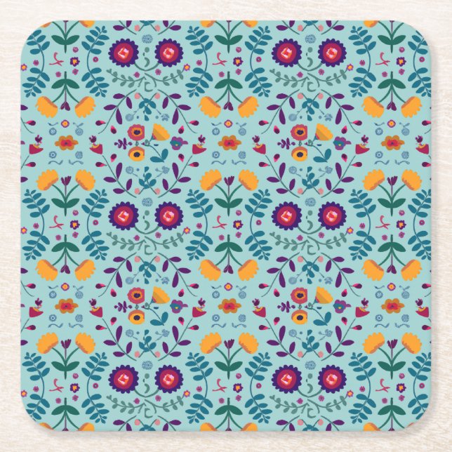 Pretty Folk Art Flowers Pattern Square Paper Coaster (Front)
