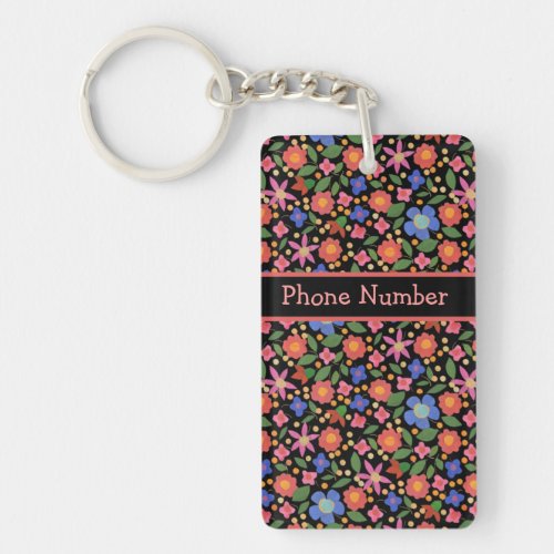 Pretty Folk Art Style Floral Black Oblong Keychain