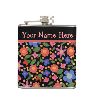 Pretty Folk Art Style Floral on Black Hip Flask