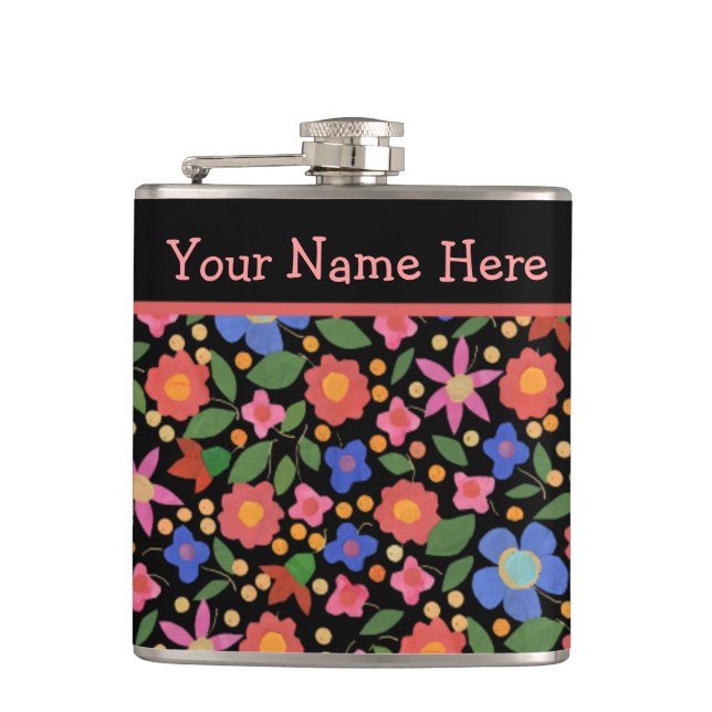 Pretty Folk Art Style Floral on Black Hip Flask (Front)