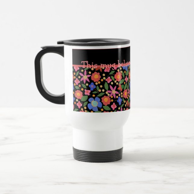 Pretty Folk Art Style Floral on Black Travel Mug (Left)