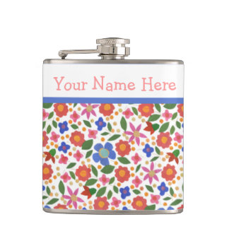 Pretty Folk Art Style Floral on White Hip Flask