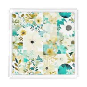 Pretty Folk Art White and Turquoise Flowers Acrylic Tray