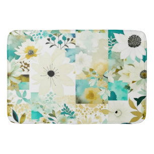 Pretty Folk Art White and Turquoise Flowers Bath Mat