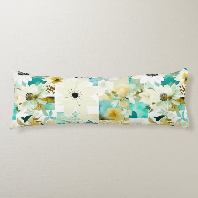 Pretty Folk Art White and Turquoise Flowers   Body Pillow (Front)