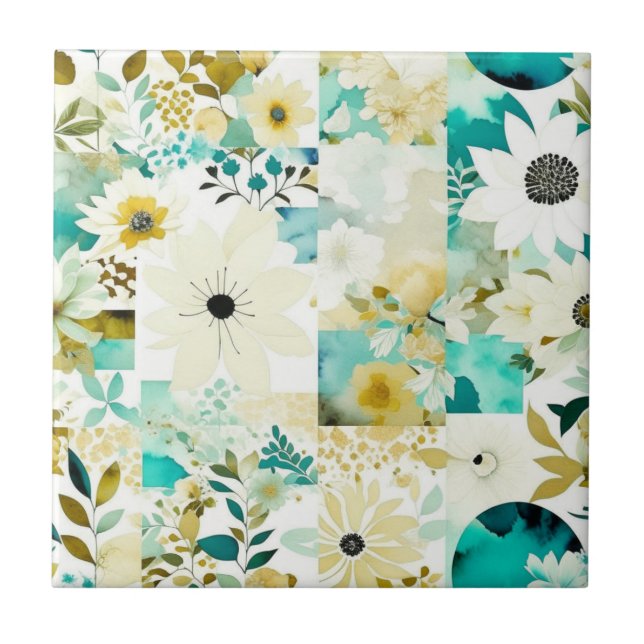 Pretty Folk Art White and Turquoise Flowers   Ceramic Tile (Front)