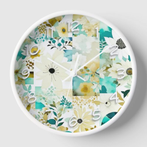 Pretty Folk Art White and Turquoise Flowers   Clock