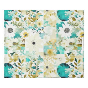 Pretty Folk Art White and Turquoise Flowers   Duvet Cover