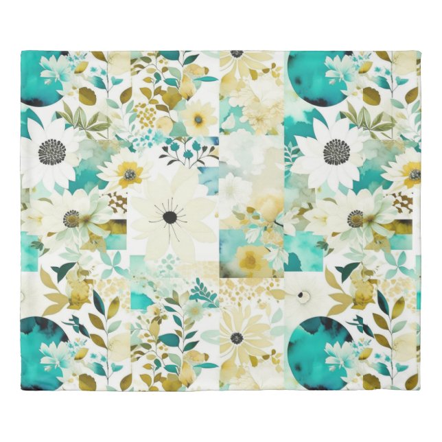 Pretty Folk Art White and Turquoise Flowers   Duvet Cover (Front)