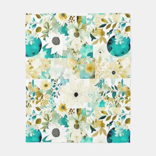 Pretty Folk Art White and Turquoise Flowers   Fleece Blanket (Front)