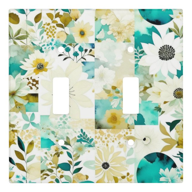 Pretty Folk Art White and Turquoise Flowers   Light Switch Cover (Front)