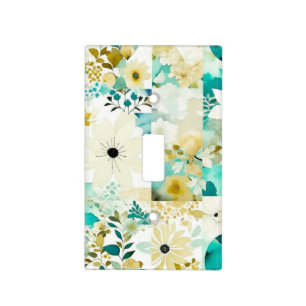 Pretty Folk Art White and Turquoise Flowers   Light Switch Cover