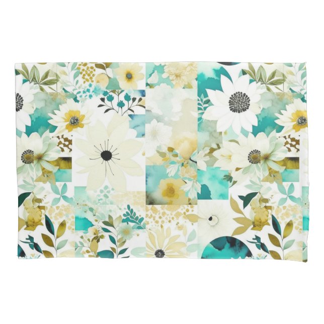 Pretty Folk Art White and Turquoise Flowers   Pillow Case (Front)