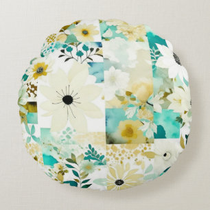 Pretty Folk Art White and Turquoise Flowers   Round Pillow