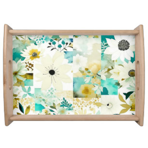 Pretty Folk Art White and Turquoise Flowers   Serving Tray