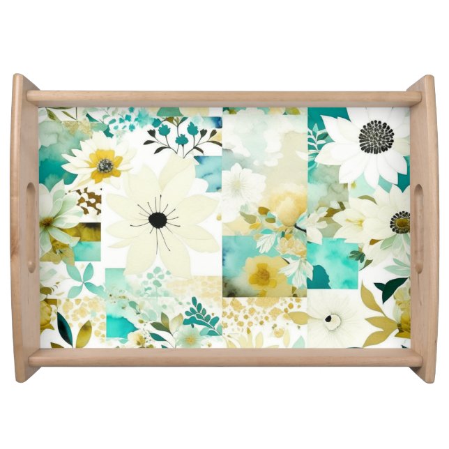 Pretty Folk Art White and Turquoise Flowers   Serving Tray (Front)
