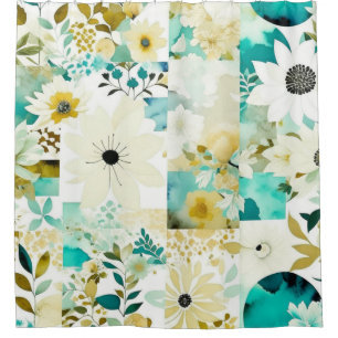 Pretty Folk Art White and Turquoise Flowers Shower Curtain